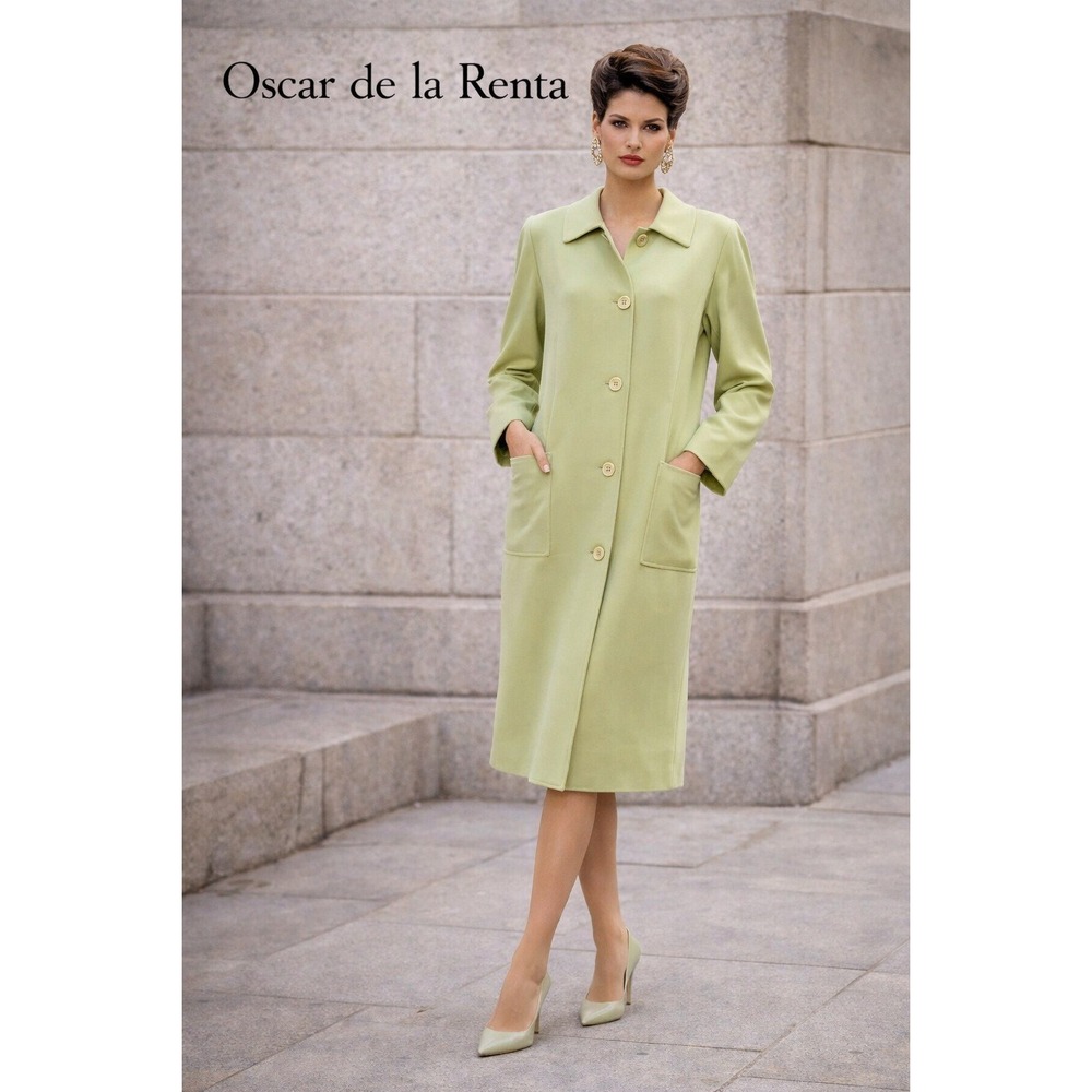 Oscar de la Renta 90s Vintage Wool Sage Green Button Front Coat Made in USA 8